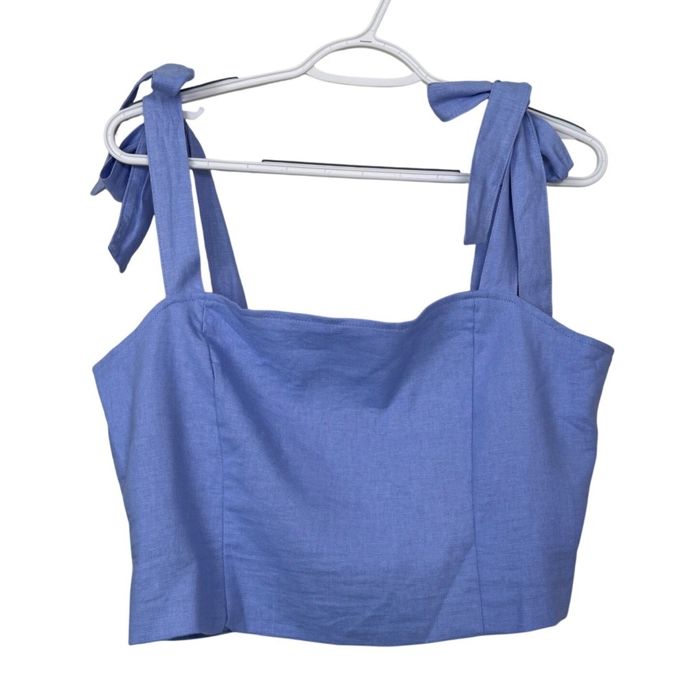 Rachel Zoe Smocked Square Neck Tie Shoulder Crop Top Periwinkle Blue Linen Blend